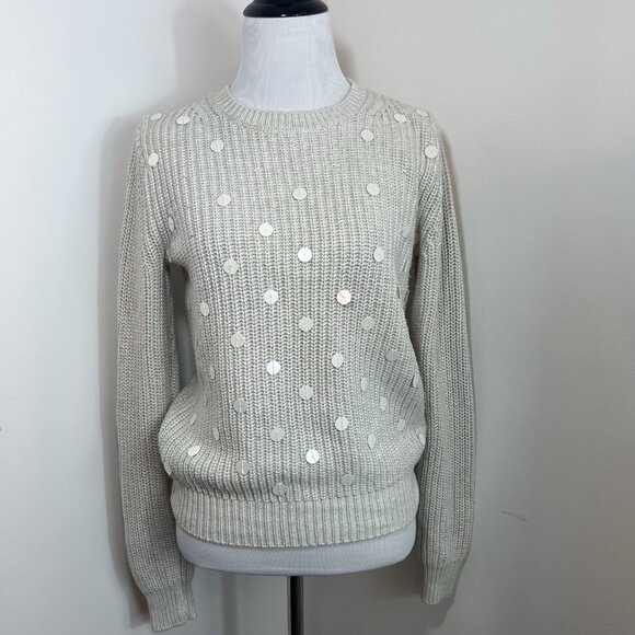 Gap Cotton Cable Knit Crewneck Pullover Sweater Ivory Cream Sequins Sz XS - Picture 1 of 13